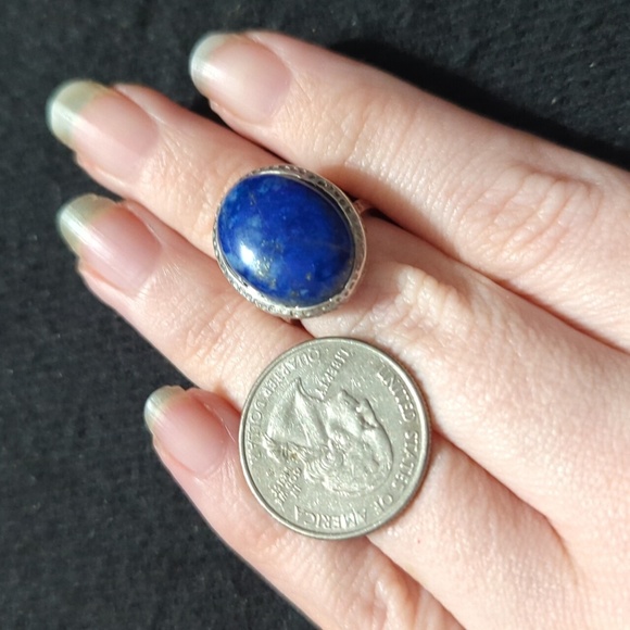 Sterling Silver Blue Lapis Lazuli Gemstone Oval Statement Ring - Size 5 - Picture 6 of 8